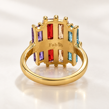 Load image into Gallery viewer, Highest Quality Gold Plated on Stainless Steel Multi Coloured Ring Inlaid Baguette Cut Cubic Zirconia Northern Lights Collection