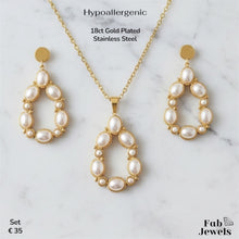 Load image into Gallery viewer, 18ct Yellow Gold Plated Stainless Steel Pearl Set Necklace Pendant and Matching Earrings