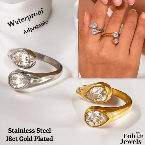 18ct Gold Plated on Stainless Steel Adjustable Ring Waterproof with Drop Cubic Zirconia
