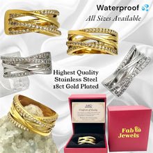 Load image into Gallery viewer, Highest Quality 18ct Gold Plated Stainless Steel WaterProof Crossover Ring with Inlaid Cubic Zirconias