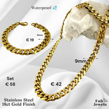 Load image into Gallery viewer, 18ct Gold Plated Stainless Steel 9mm Curb Chain Set Necklace and Matching Bracelet