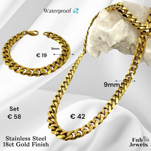 18ct Gold Plated Stainless Steel 9mm Curb Chain Set Necklace and Matching Bracelet