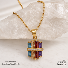 Load image into Gallery viewer, Highest Quality 18ct Gold Plated Stainless Steel 316L Multi Coloured Set Ring Earrings Necklace Pendant Inlaid Baguette Cut Cubic Zirconia Northern Lights Collection