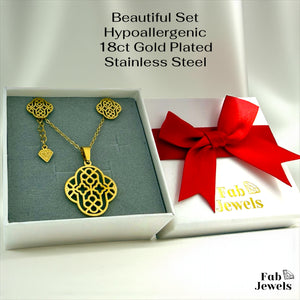 Stainless Steel Yellow Gold Plated Lace Effect Clover Set Necklace with Pendant and Matching Earrings