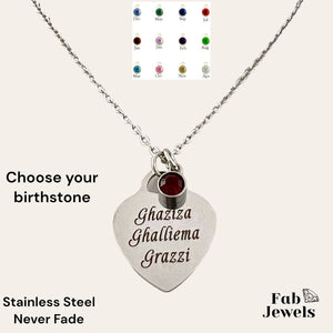 Engraved Stainless Steel 'Ghaziza Ghalliema Grazzi’ Heart Pendant with Personalised Birthstone Inc. Necklace
