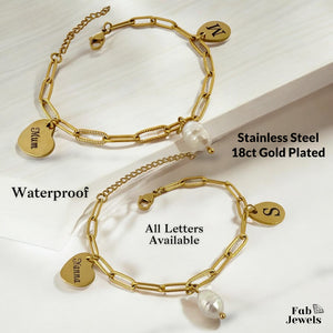 Charm Bracelet with Personalised Initial Including Maltese Cross Charm and Pearl Charm