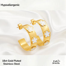 Load image into Gallery viewer, 18 Gold Plated Stainless Steel Hoop Earrings with White Black Clover Flower