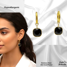 Load image into Gallery viewer, Gold Plated Stainless Steel Hypoallergenic Hoop Earrings with Black Onyx Charms