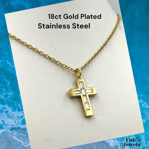 18ct Gold Plated Waterproof Cross Pendant with Cubic Zirconia Stainless Steel Necklace