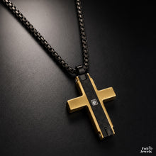 Load image into Gallery viewer, Carbon Fiber Fusion Men’s Cross Pendant with Inlaid Cubic Zirconia Stainless Steel 316L 18ct Gold Plated Necklace  Included