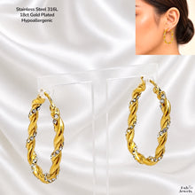 Load image into Gallery viewer, Stainless Steel 316L 18ct Gold Plated Hypoallergenic Twisted Cubic Zirconia Hoop Earrings
