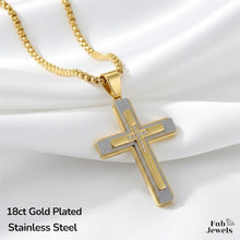 Load image into Gallery viewer, 18ct Gold Plated Men’s Cross Pendant with Inlaid Cubic Zirconia Stainless Steel Necklace