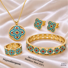 Load image into Gallery viewer, 18ct Gold Plated Stainless Steel 316L Maltese Cross Maduma Tile Set Pendant Necklace Stud Earrings Ring Matching Bangle