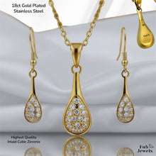 Load image into Gallery viewer, Stainless Steel 316L 18ct Gold Plated Sparkle Teardrop Set Necklace Pendant and Matching Earrings with Inlaid Cubic Zirconia