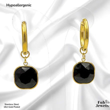 Load image into Gallery viewer, Gold Plated Stainless Steel Hypoallergenic Hoop Earrings with Black Onyx Charms
