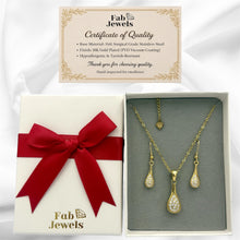 Load image into Gallery viewer, Stainless Steel 316L 18ct Gold Plated Sparkle Teardrop Set Necklace Pendant and Matching Earrings with Inlaid Cubic Zirconia