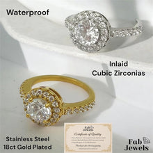 Load image into Gallery viewer, Highest Quality 18ct Gold Plated Stainless Steel WaterProof Halo Ring with Inlaid Cubic Zirconias