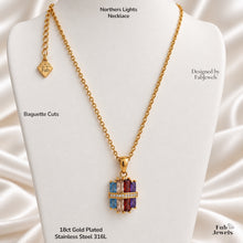 Load image into Gallery viewer, Highest Quality 18ct Gold Plated Stainless Steel 316L Multi Coloured Set Ring Earrings Necklace Pendant Inlaid Baguette Cut Cubic Zirconia Northern Lights Collection