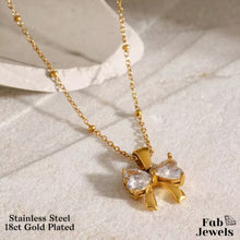 Load image into Gallery viewer, 18ct Gold Plated Stainless Steel Bow Pendant and Necklace with Cubic Zirconia