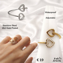 Load image into Gallery viewer, 18ct Gold Plated on Stainless Steel Adjustable 2 Hearts Ring Waterproof