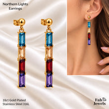 Load image into Gallery viewer, Highest Quality Gold Plated on Stainless Steel 316L Hypoallergenic Earrings Multi Coloured Inlaid Baguette Cut Cubic Zirconia Northern Lights Collection