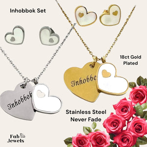 Stainless Steel Yellow Gold Plated Double Heart Inhobbok Set Necklace and Stud Earrings with Sparkling Crystals