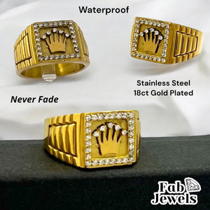 Stainless Steel Yellow Gold Plated Crown Ring with Inlaid Cubic Zirconias