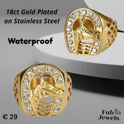 18ct Gold Plated on Stainless Steel Waterproof Horse Ring with Cubic Zirconia