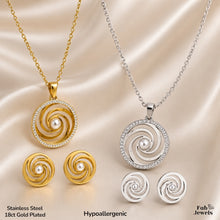 Load image into Gallery viewer, Stylish Stainless Steel Silver/Yellow Gold Set Necklace Earrings and Pendant With Crystals and Pearl