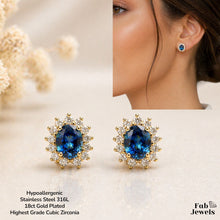 Load image into Gallery viewer, Stainless Steel 18ct Gold Plated Hypoallergenic Lady D Stud Halo Earrings with Inlaid Cubic Zirconia