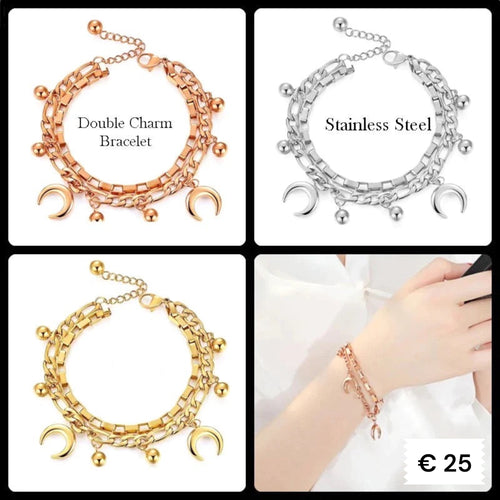 Stainless Steel 316L Yellow Gold / Rose Gold / Silver High Quality Double Bracelet With Horn Charms