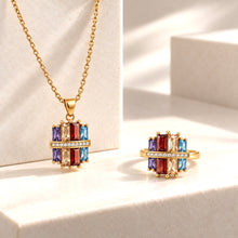 Load image into Gallery viewer, Highest Quality Gold Plated on Stainless Steel Multi Coloured Set Ring Necklace Pendant Inlaid Baguette Cut Cubic Zirconia Northern Lights Collection