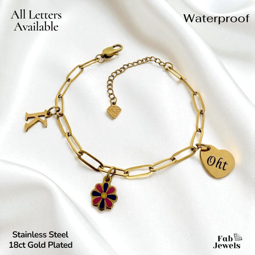Stainless Steel Gold Plated Personalised Oht Initial Beautiful Flower Charm Bracelet