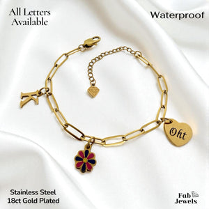 Stainless Steel Gold Plated Personalised Oht Initial Beautiful Flower Charm Bracelet