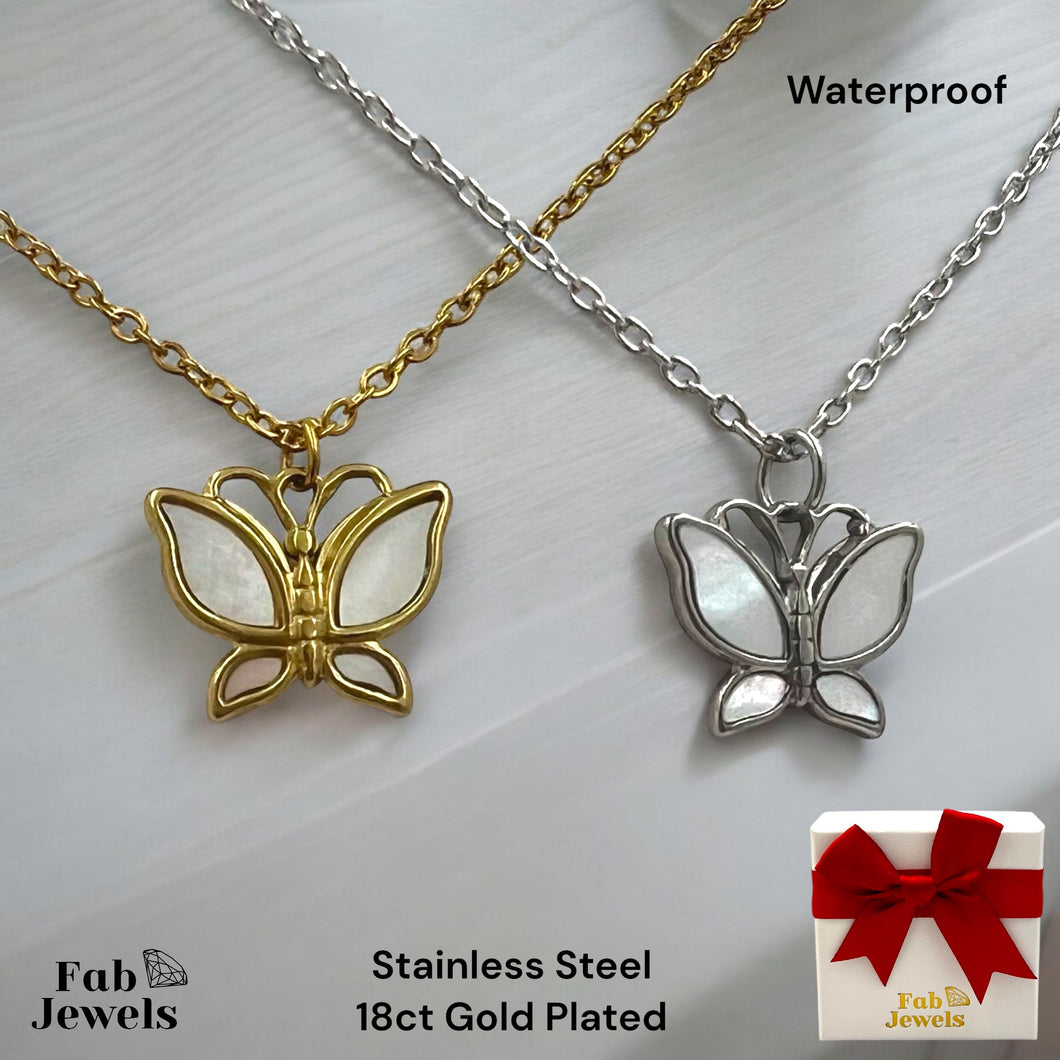 18ct Gold Plated Stainless Steel Mother of Pearl Butterfly Pendant with Necklace