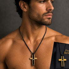 Load image into Gallery viewer, Carbon Fiber Fusion Men’s Cross Pendant with Inlaid Cubic Zirconia Stainless Steel 316L 18ct Gold Plated Necklace  Included
