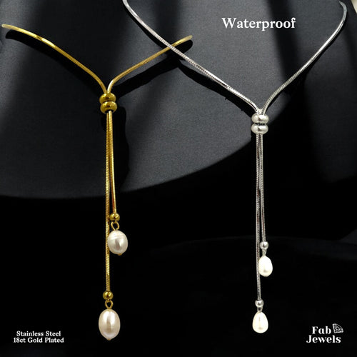18ct Gold Plated Waterproof Stainless Steel Drop Necklace with Freshwater Pearls