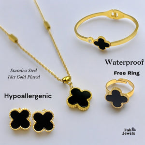 Stainless Steel 316L Yellow Gold Plated Black Clover Set Necklace Bangle Earrings Free Ring