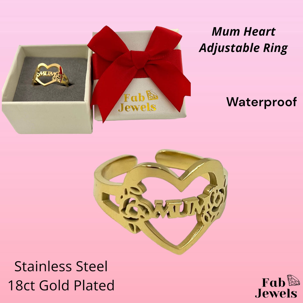 Stainless Steel 18ct Gold Plated Adjustable Mum Heart Ring Waterproof