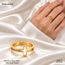 Load image into Gallery viewer, 18ct Gold Plated Stainless Steel WaterProof Cross Ring with Inlaid Cubic Zirconia