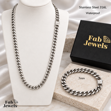 Load image into Gallery viewer, Fab Signiture Cuban Link 7 mm Set Necklace Matching Bracelet 18ct Gold Plated Stainless Steel 316L Waterproof