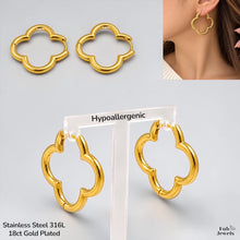 Load image into Gallery viewer, 18ct Gold Plated Stainless Steel 316L Hypoallergenic Clover Hoop Earrings