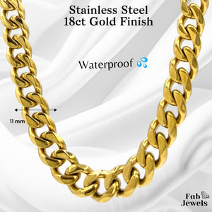 18ct Gold Plated Stainless Steel 11mm Curb Chain Set Necklace and Matching Bracelet