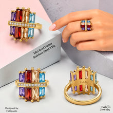 Load image into Gallery viewer, Highest Quality Gold Plated on Stainless Steel Multi Coloured Ring Inlaid Baguette Cut Cubic Zirconia Northern Lights Collection