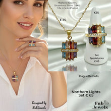 Load image into Gallery viewer, Highest Quality Gold Plated on Stainless Steel Multi Coloured Set Ring Necklace Pendant Inlaid Baguette Cut Cubic Zirconia Northern Lights Collection