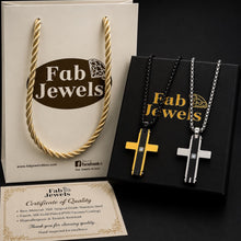 Load image into Gallery viewer, Carbon Fiber Fusion Men’s Cross Pendant with Inlaid Cubic Zirconia Stainless Steel 316L 18ct Gold Plated Necklace  Included