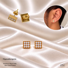 Load image into Gallery viewer, 18ct Gold Plated Stainless Steel 316L Square Hypoallergenic Stud Earrings with Cubic Zirconia