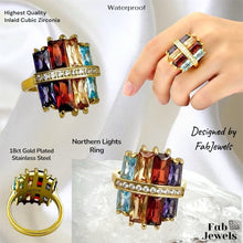 Load image into Gallery viewer, Highest Quality Gold Plated on Stainless Steel Multi Coloured Set Ring Necklace Pendant Inlaid Baguette Cut Cubic Zirconia Northern Lights Collection