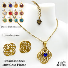 Load image into Gallery viewer, Stainless Steel Yellow Gold Plated Clover Set Necklace with Pendant + Personalised Birthstone and Matching Earrings