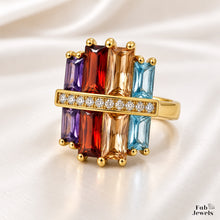 Load image into Gallery viewer, Highest Quality Gold Plated on Stainless Steel Multi Coloured Ring Inlaid Baguette Cut Cubic Zirconia Northern Lights Collection
